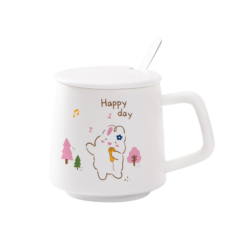 Cartoon Rabbit / Dog Ceramic Mug With Cover Office Milk Coffee Cup Office Water Cup Practical Home Creative Drinking Gift