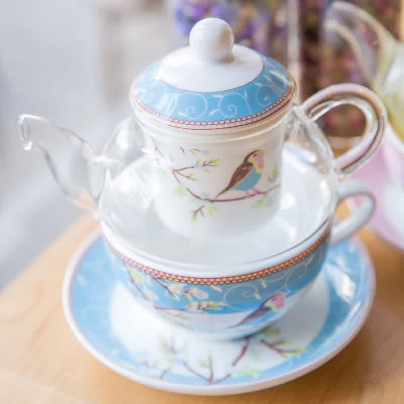 Bird and Flower Tea for One Set Rose Blue Teapot S...