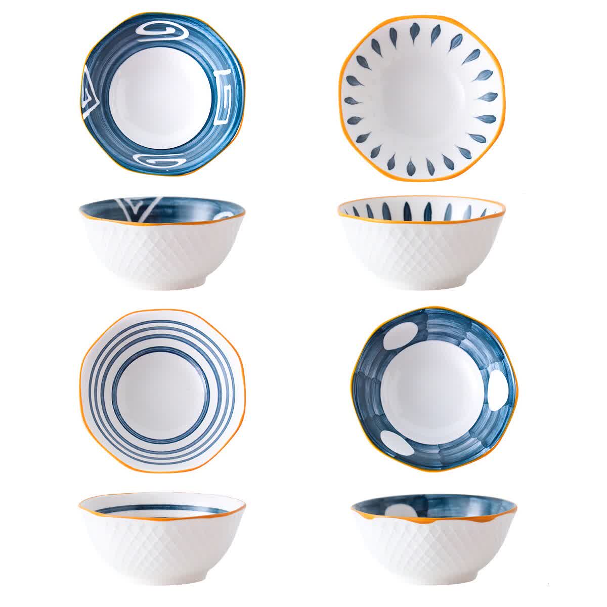 5 Inch Ceramic Bowl Set Salad Rice Soup Noodle Syrup Bowls Japanese Style Non-Slip Porcelain Tableware Relief Underglaze Color