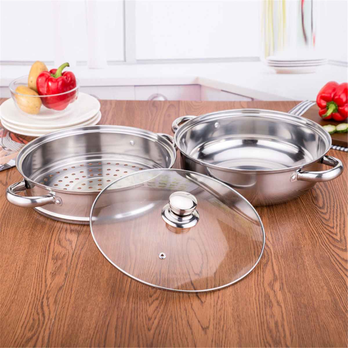2 Tiers Food Steamer Pot Steaming Cookware Kitchen Tool  Stainless Steel