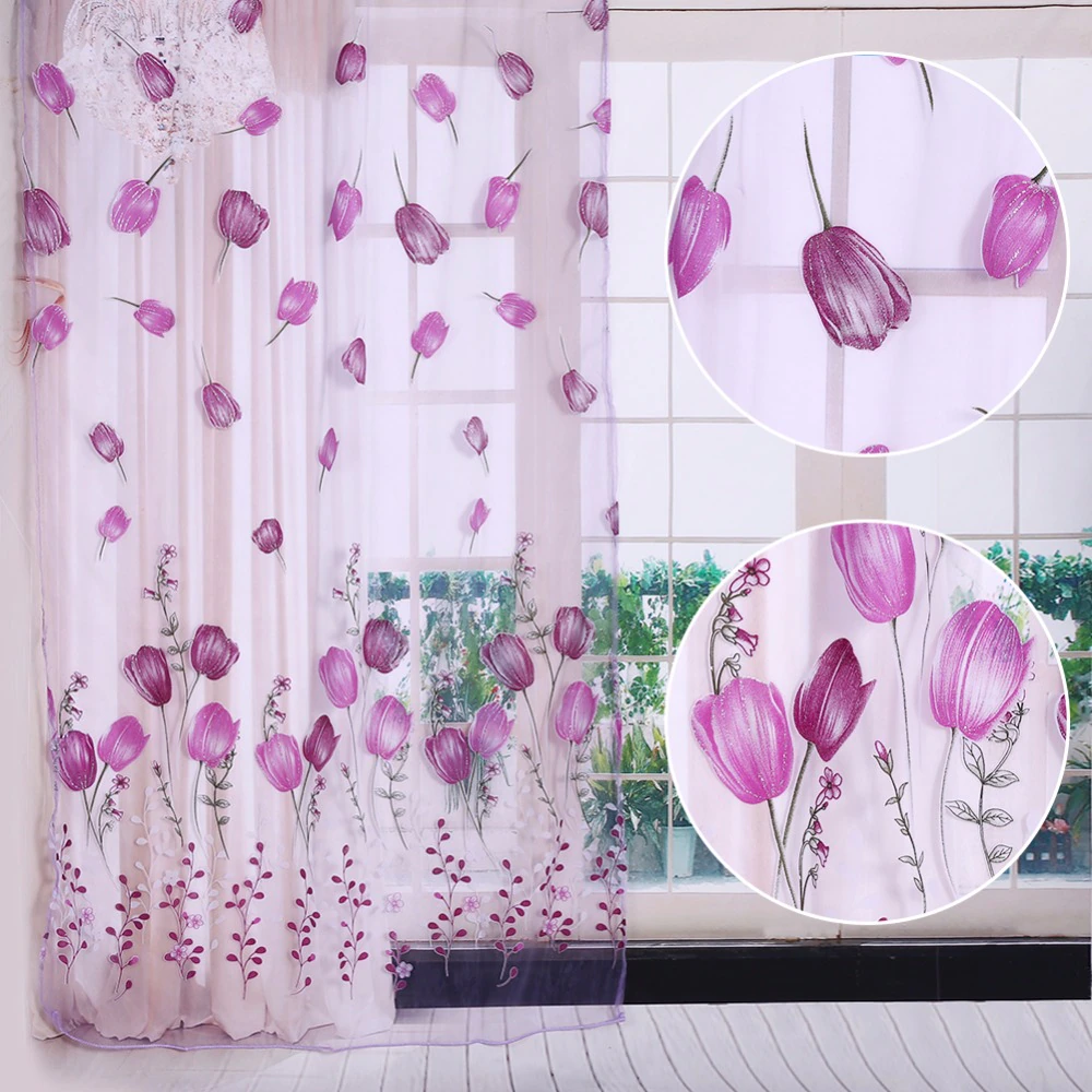 Modern Tulle Curtains Tulips Printing Short Sheer Curtains For Living Room Kid Bedroom Kitchen Window Curtains Anti Fly Mosquito