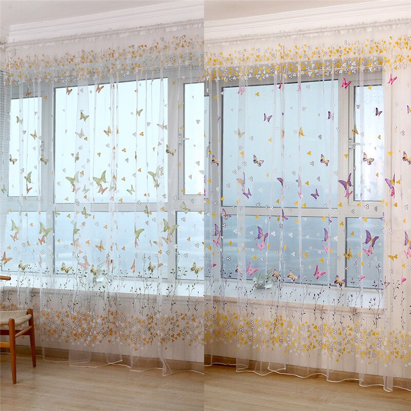 1pcs Butterfly Branches Printed Tulle Curtains for Living Room  Indoor Window Screening Decor Balcony Burnout Voile Curtain