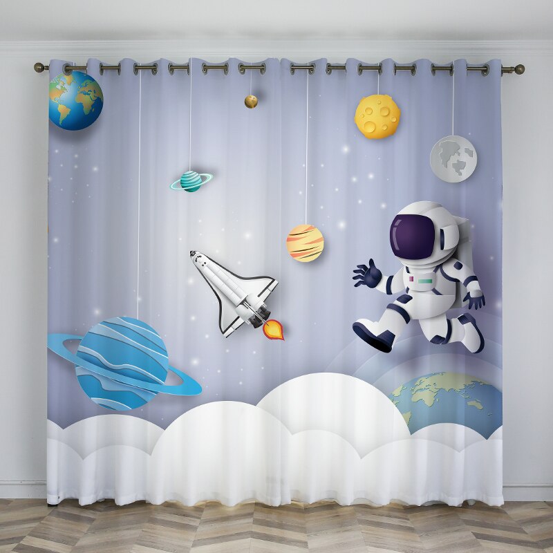 Funny Design Polyester Material Colorful Spaceman Walkr Cartoon Printed Curtain For Kids Bedroom