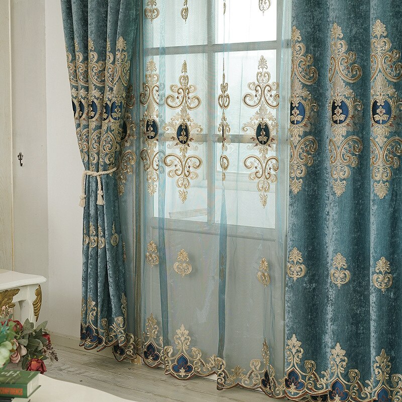 European Style Curtains for Living Room Bedroom Light Luxury Embroidered Chenille Curtain Door Window Drapes Blue Color