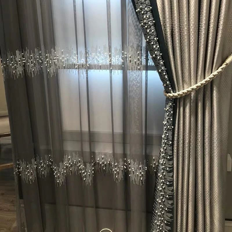 Pearls Sequins Embroidered Curtains for Living Room Luxury Gray 75-90% Blackout Curtains for Bedroom High-end Curtains Custom#35