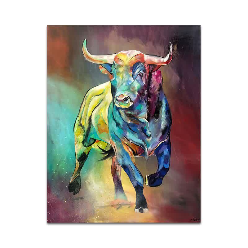 Abstract Colorful Bull Canvas Paintings on the Wal...