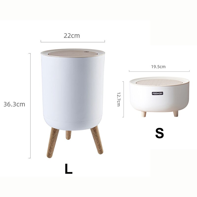 Fashion High Foot Imitation Wood Dustbin Round Desktop with Press Cover Trash Can Living Room Toilet Kitchen Garbage Bucket