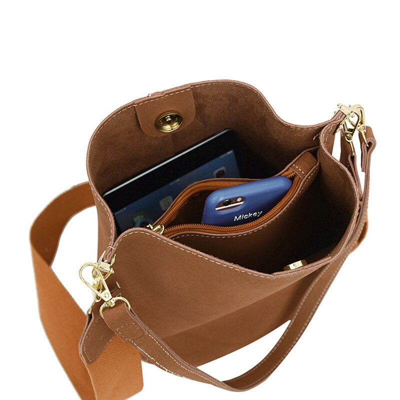 Casual Wide Strap Buckets Bag Designer Women Shoulder Bags Retro PU Bag Large Capacity Messenger Bag Simply Purse