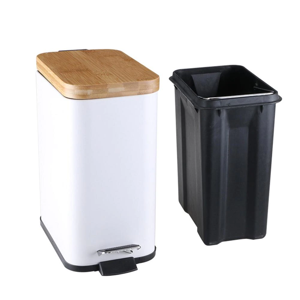 Bamboo Lid Metal Trash Bin High Capacity Garbage Can For Kitchen Pedal Dustbin Waste Rubbish Basket Bin Organizer Storage Bucket