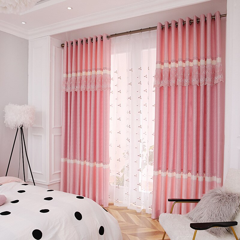 Modern Pink Girl Cotton and Hemp Stitching Shading Curtains for Living Dining Room Bedroom  French Window Tulle Curtains