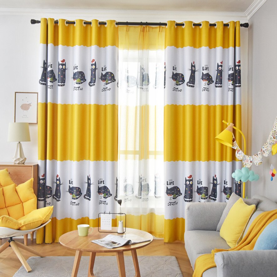 Nordic blue cartoon cat curtains for living kids room bedroom ins style yellow blackout curtain window drapes
