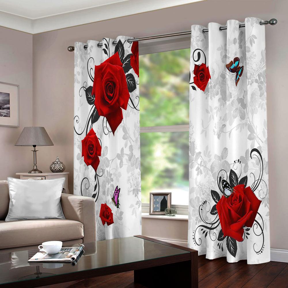 Curtain rose Romantic Printed Curtains For Living Room Bedroom Red and white Cortinas Hotel Drapes