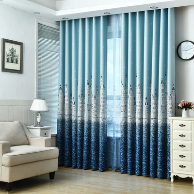 Blackout Cartoon Blue Printed Castle Curtains For Kids Room  Children's Bedroom Baby Bedroom Window Curtains Drapes Custom Made