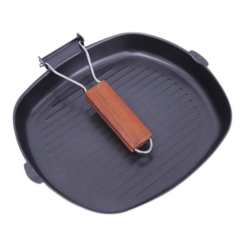Multipurpose Steak Frying Pan, Cast Iron Non Stick Grill, Deep Square Griddle Pan with Folding Wooden Handles Cooking Pans