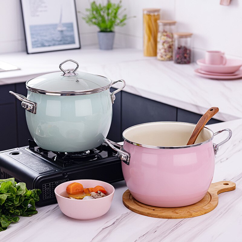 6L Pink and Green Enamel Dutch Oven Soup Stock Pot Kitchen Cookware Set Induction Cooker Gas Available