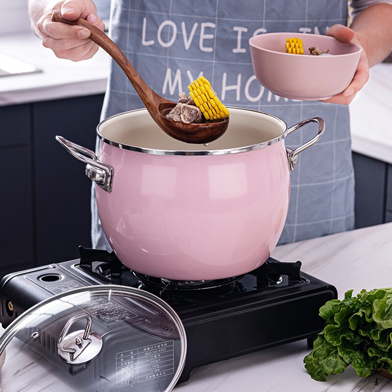 6L Pink and Green Enamel Dutch Oven Soup Stock Pot Kitchen Cookware Set Induction Cooker Gas Available