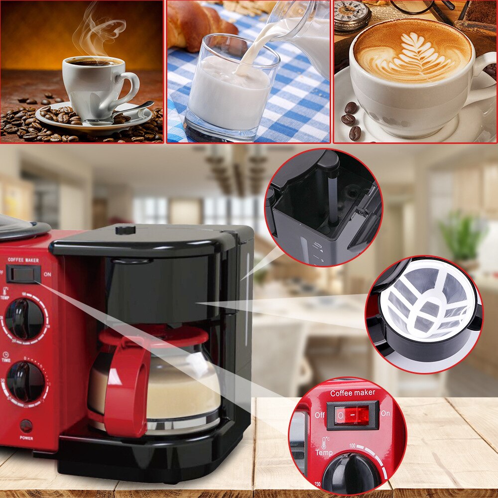 Electric Breakfast Machine 3 in1 Drip Coffee Maker Multifunction Frying Pan Mini Bread Pizza Toaster Oven