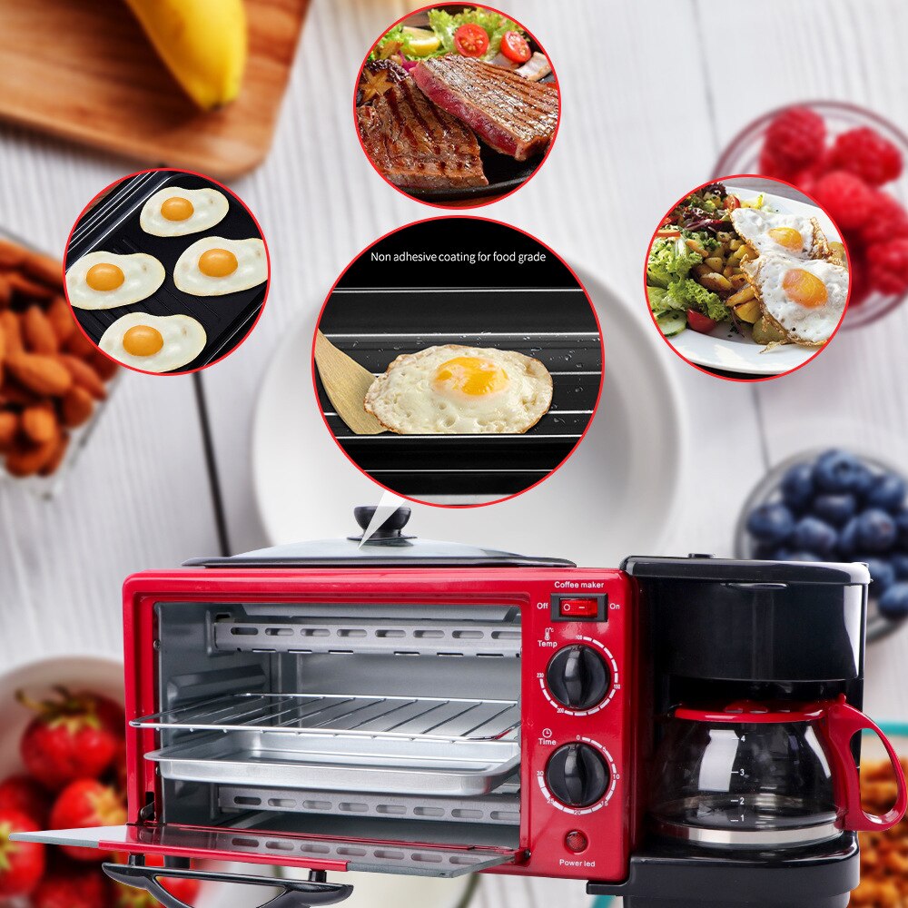 Electric Breakfast Machine 3 in1 Drip Coffee Maker Multifunction Frying Pan Mini Bread Pizza Toaster Oven