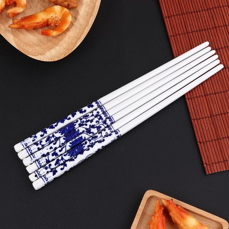 10 Pairs Long Chopsticks Blue and White Porcelain Delicate Chopsticks for Sushi Noodles