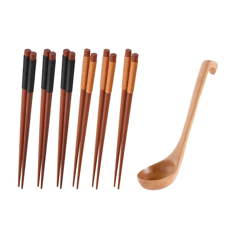 Pairs Wood Chopsticks, Reusable Chop Sticks & 1X Natural Spoon Classic Wooden Soup-Ladle