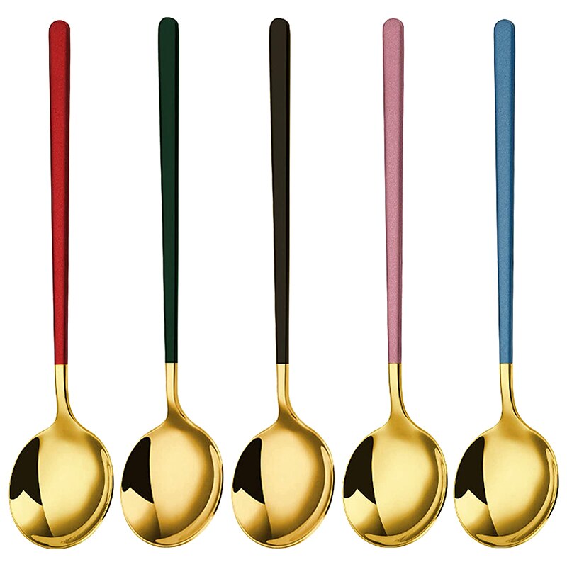 Stainless Steel Spoon Round Color Table Spoon, Long Handle Thick Spoon 10.83Inches, Set Of 5