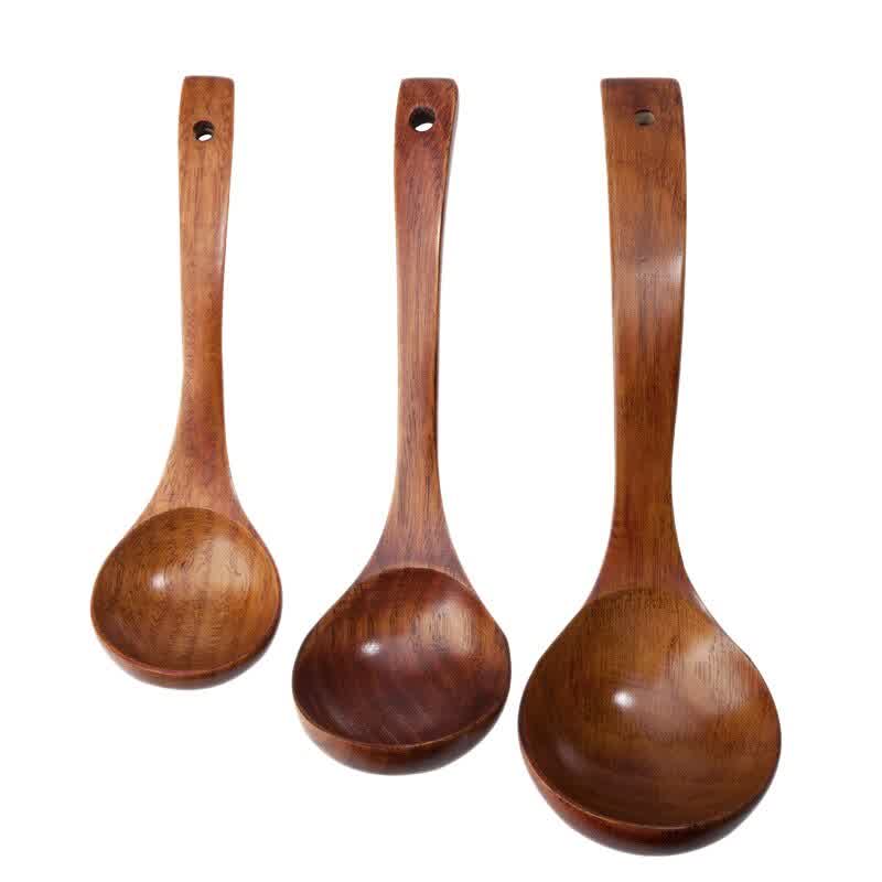 Natural Wood Long Handled Rice Soup Cooking Spoons Big Ladle Hot Pot Spoon Tableware Tools(1 Set Of 3)