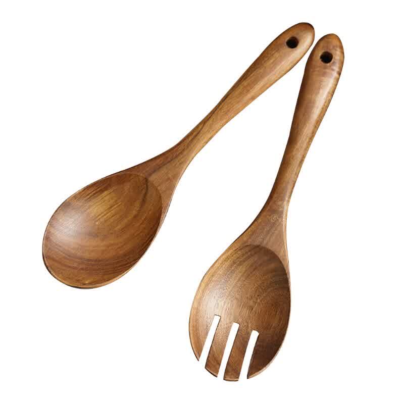 2Pcs Wooden Salad Servers Spoon Fork Set Long Handle Large Dinner Serving Cooking Kitchen Tableware