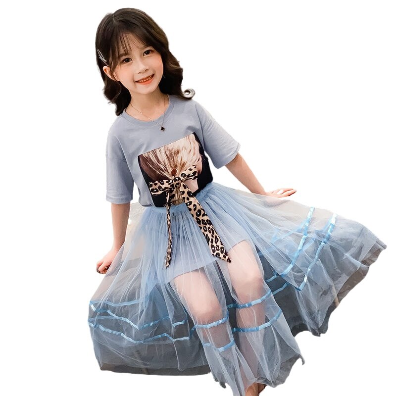 Girls Summer Fashion Print Short Sleeve T-Shirt Lace Skirt Suit for Kids Sets Darling Dress Children Clothing