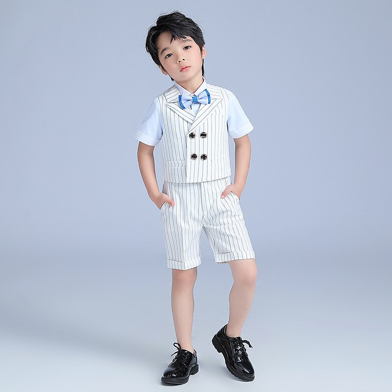 Boys Summer Striped Vest Suit Set Children Speech Host Performance Dress Costume Kids Waistcoat Shorts Shirt Clothing Set