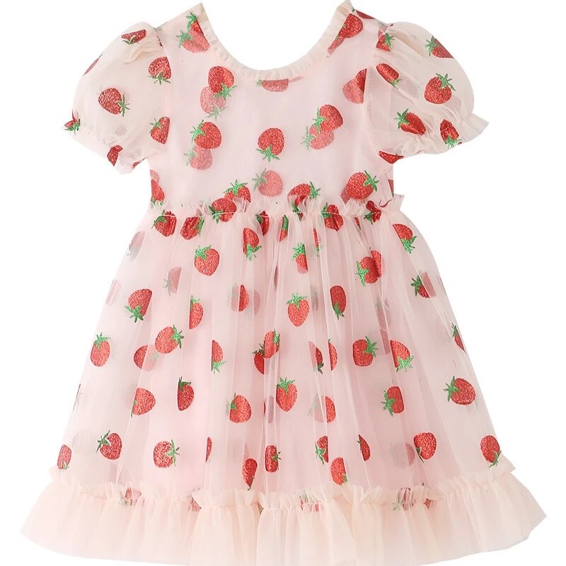 Kids Clothes Girls Summer Dress Children Clothes Puff Sleeve Pink Strawberry Princess Dress Toddler Teen Dresses
