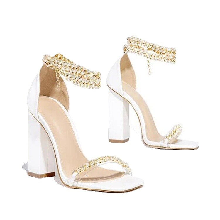 Women Fashion Sandals Crystal Chain High Heels Female Shoes Woman Square Heel Open Toe Buckle Strap Ladies Sandals 2022 New