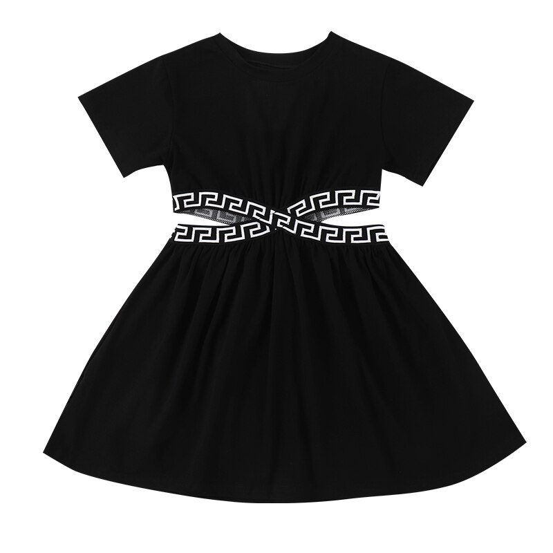 Girls Summer Dresses Black A-Line Geometric Pattern Knit Waist Hollow Cut Sports Casual Dress Childrens Girl Clothing