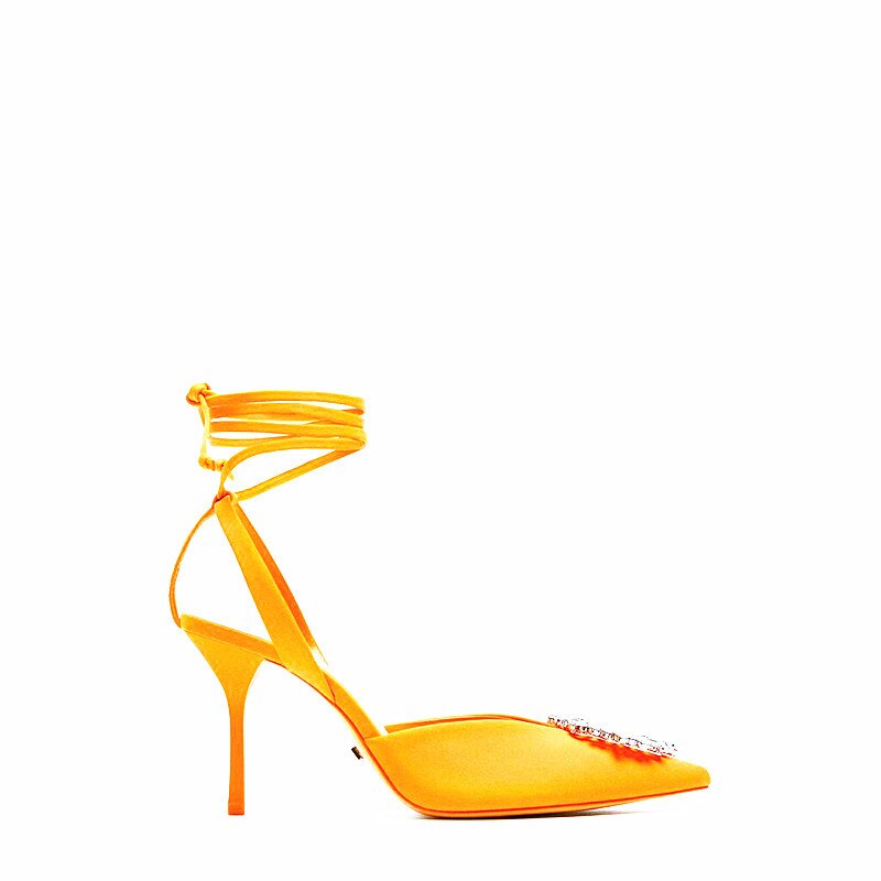 Women Shoes Autumn orange lace-up stiletto heel Pointed high heel rhinestone buckle temperament Muller single shoe women
