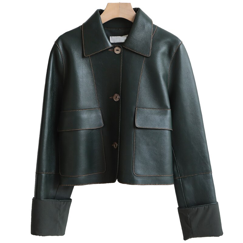 New pu faux leather jacket women dark green leathe...