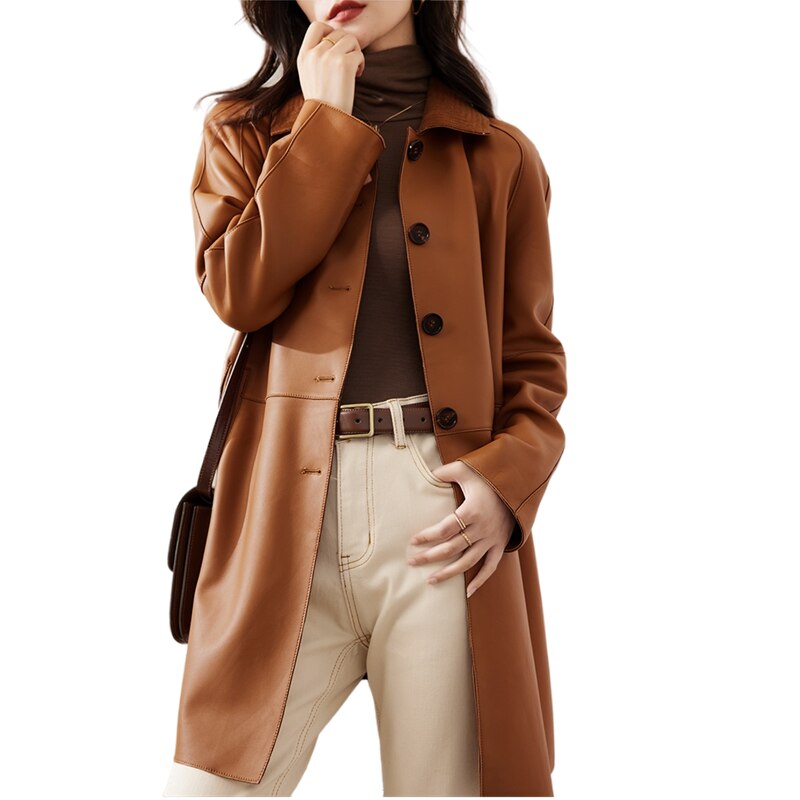 Genuine Leather Coat Women Spring Autumn Fashion Mid-Length Trench Coat OL Sheepskin Jacket Lapel