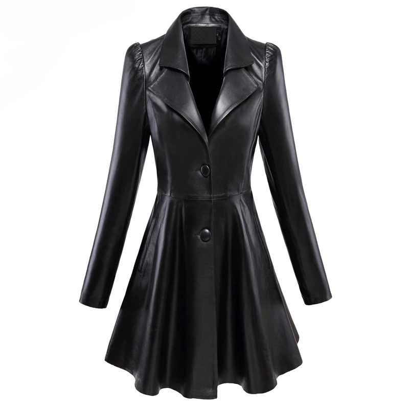 Fit and flare faux leather coat notched lapel long sleeve puff sleeve Skirted Black Elegant leather blazer slim fit
