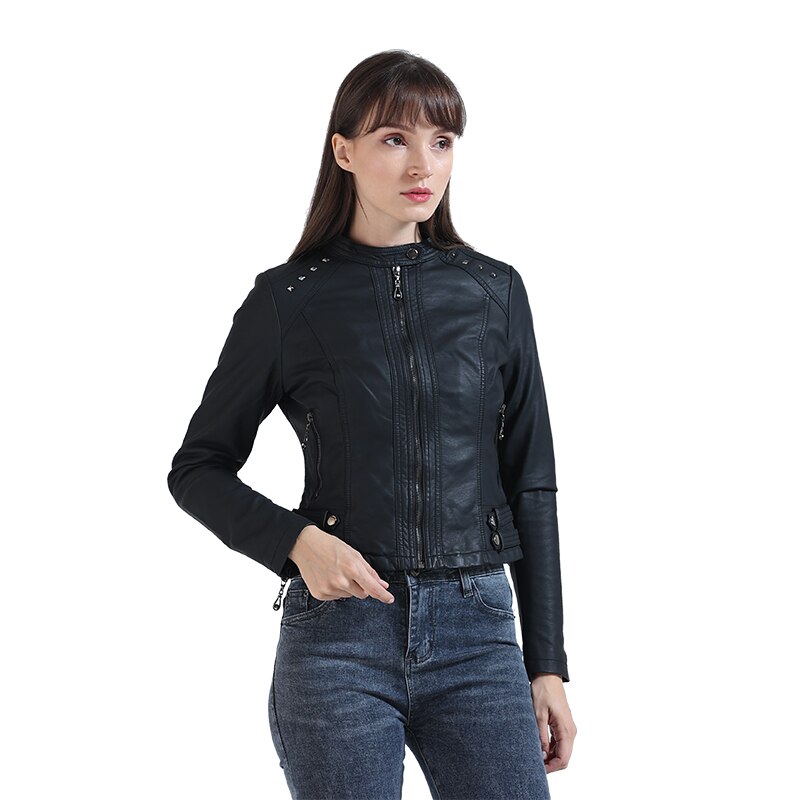 Autumn Faux Soft PU Leather Jackets For Women Coats Fashion Rivets Slim Design Long Sleeve Casual