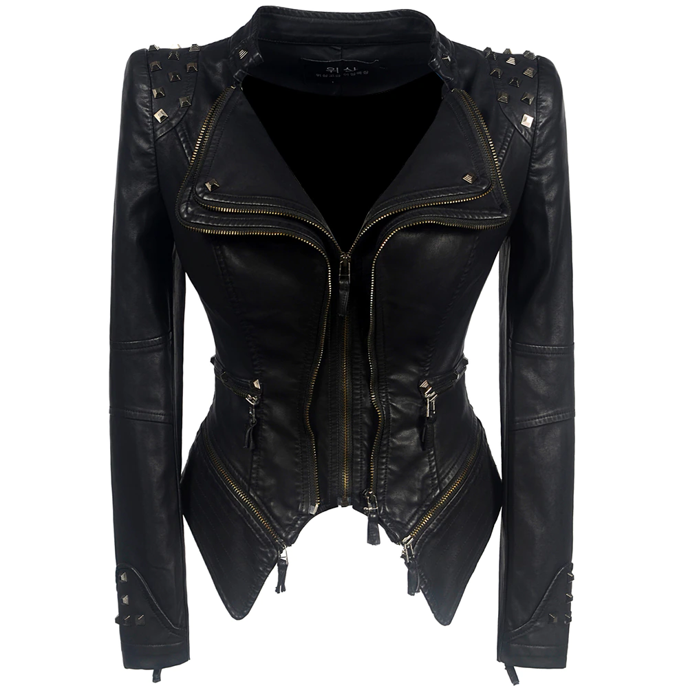 Women PU Leather Jacket Casual Gothic Punk Motorcycle Coat Slim Short Zipper Rivet Pocket Autumn