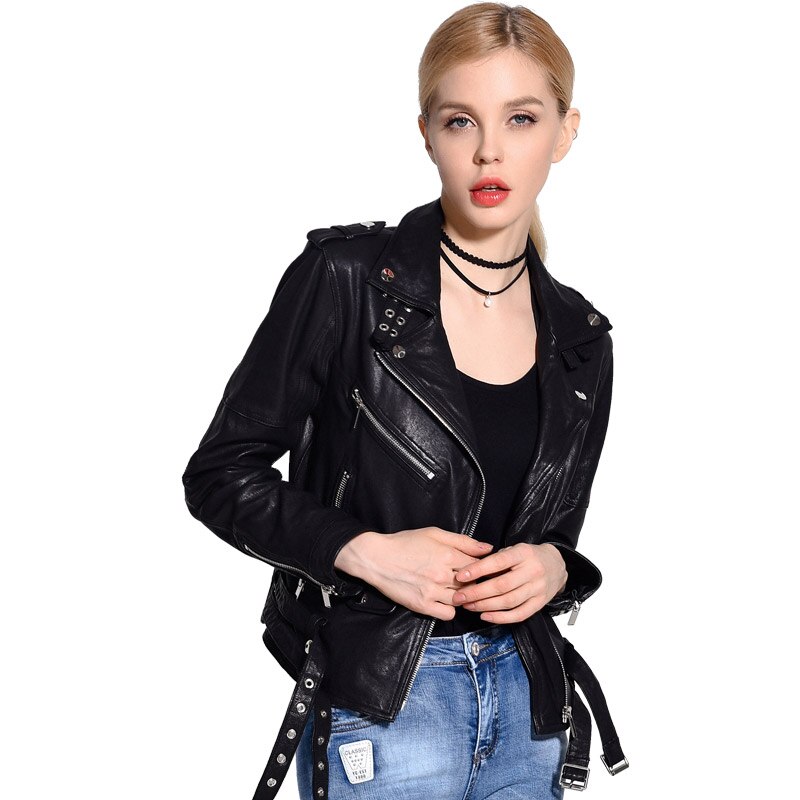 Women Genuine Leather Jacket Soft 100% Tanned Sheepskin Double Belts Female Leather Coat