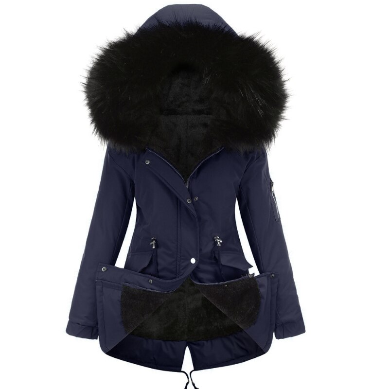 New Autumn Winter Women Cotton Jacket Padded Coat Middle Length Warm Fleece Hooded Faux Fur Collar Lady Overcoat