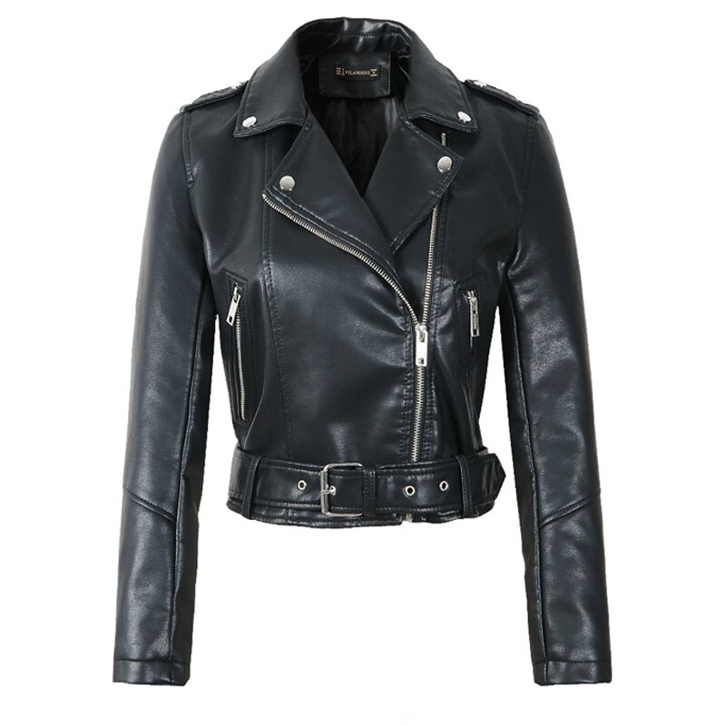 Women Faux Soft Leather Short Jacket Rivet Epaulet Zipper Motorcycle Basic Jackets Female Outerwear With Belt
