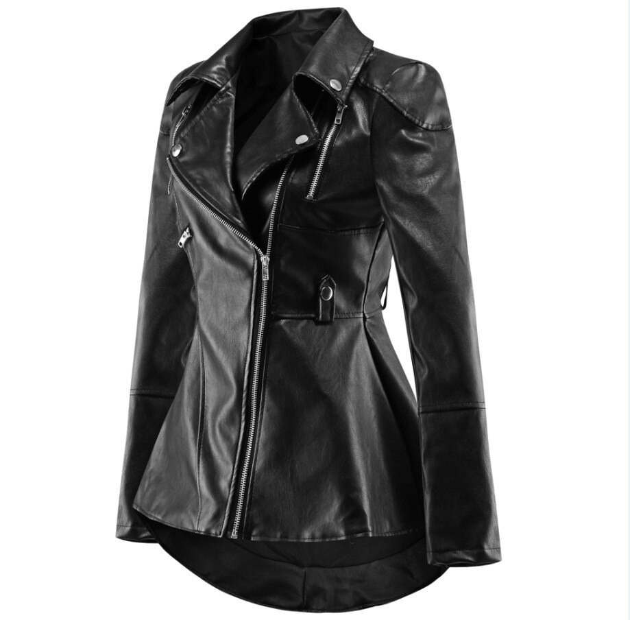 Women Fashion Black PU Leather Motorcycle Jacket Outerwear Zipper Cool Slim Fitness