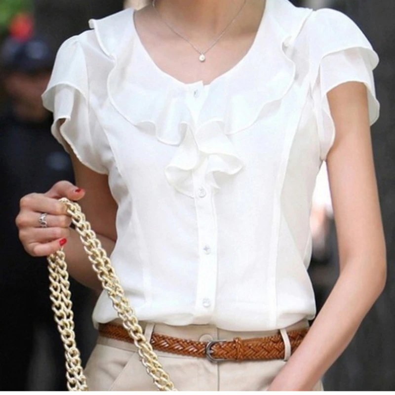 New Summer Women Fashion Short Sleeve Ruffles Chiffon Solid White Tops Blusas Casual Summer Blouses Shirt
