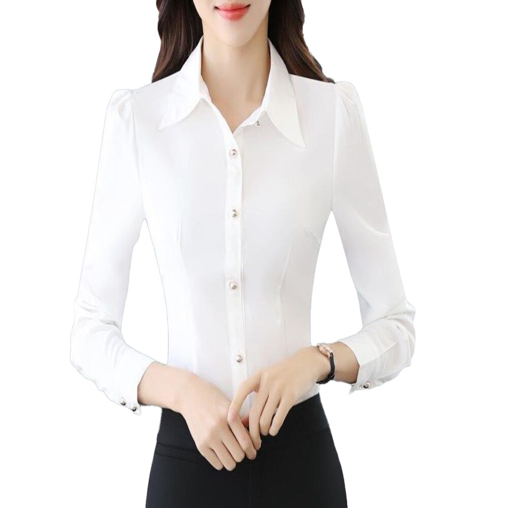 Long Sleeve White Blouse Shirt for Women Korean Style Elegant Oversized Shirt Office Lady Formal  Blouse Top