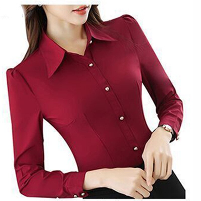 Fashion Korean Slim Red Office Shirt Autumn Women Lapel Long Sleeve Single Breasted Working Clothes Blusas Elegant Plus Size Top