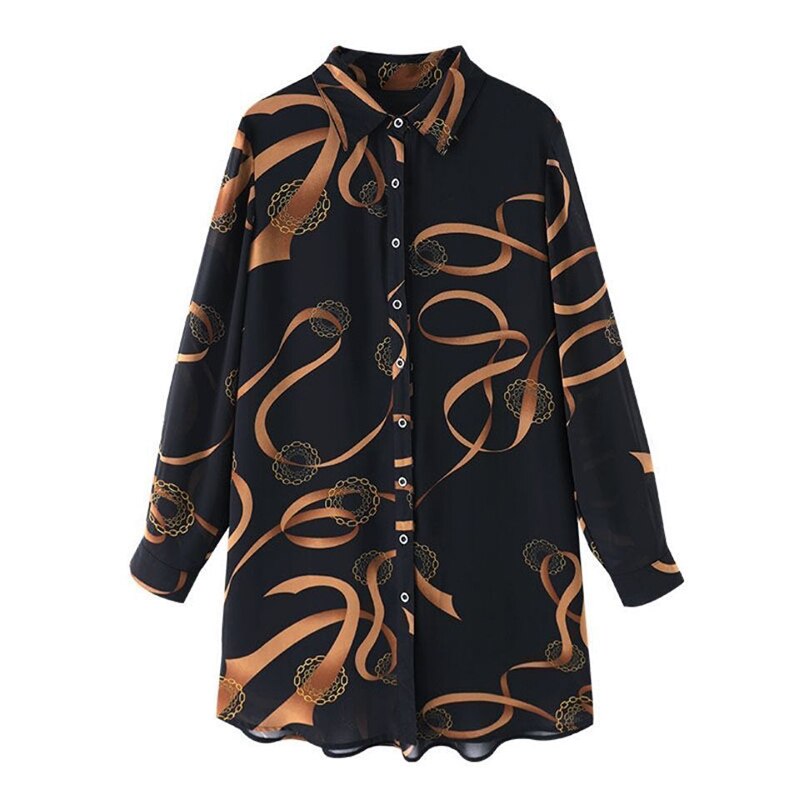 New Summer Soft Comfortable Blouse for Women Lapel Button Up Loose Casual Chiffon Shirt Printed Long Sleeve Midi Cardigan