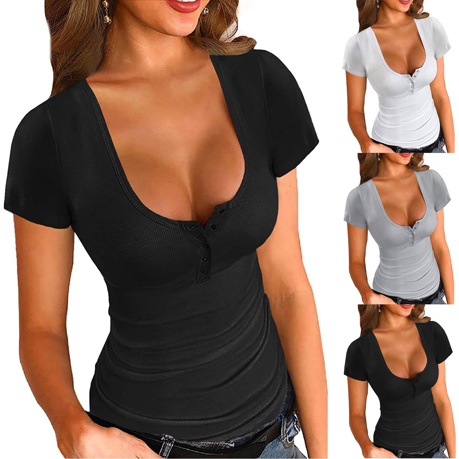 Womens Basic Sexy Low Cut Tshirts Button Short Sleeve Down Tight Slim Fitted Bodycon Tee Tops T Shirts Women Clothing