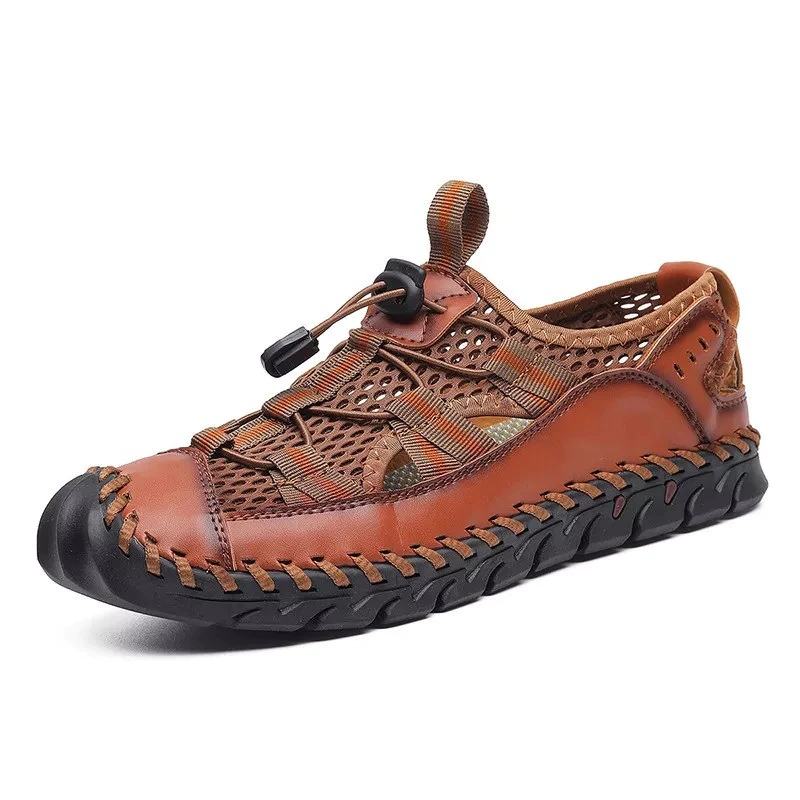 New Mens Sandals Summer Breathable Mesh Sandals Men Outdoor Casual Lightweight Beach Sandals Handmade Men Shoes Genuine Leather