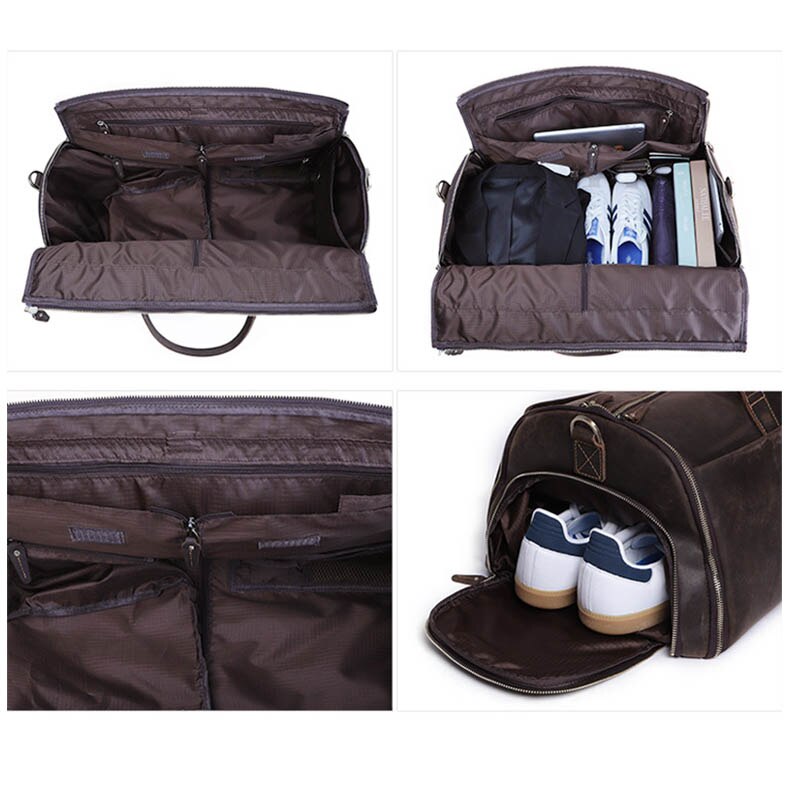 Crazy Horse Leather Folding Suit Bag Man Business Travel Bag With Shoe Pocket Clothes Cover Luggage Duffel Bag Man Bag For Suits
