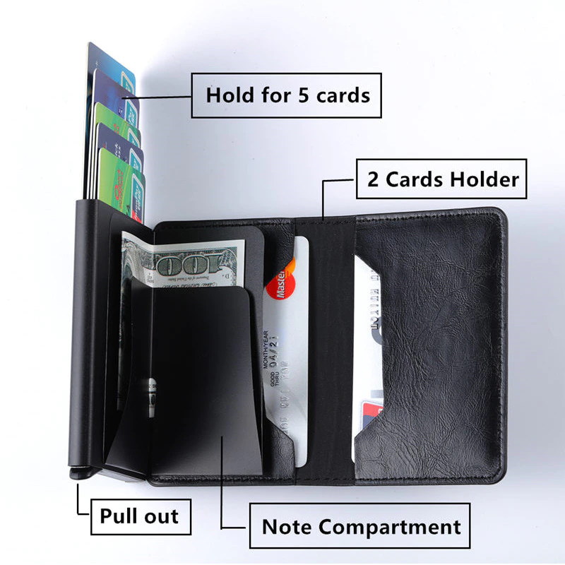 Fashion Vertical Mini Business Bank Credit Card Holder Bag Aluminum Metal Automatic Card Case Vintage PU Leather Wallet Men